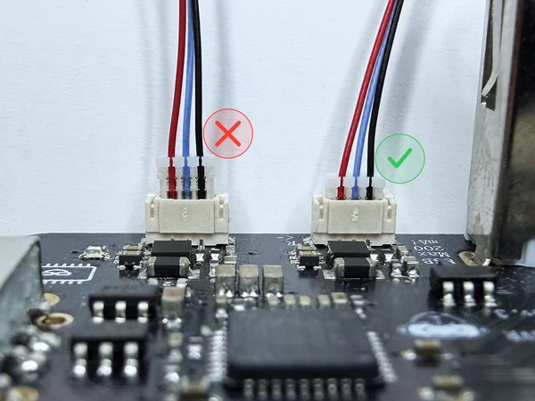 Comparison of an LED connector: fully seated and correctly oriented (correct) versus not fully inserted (wrong)