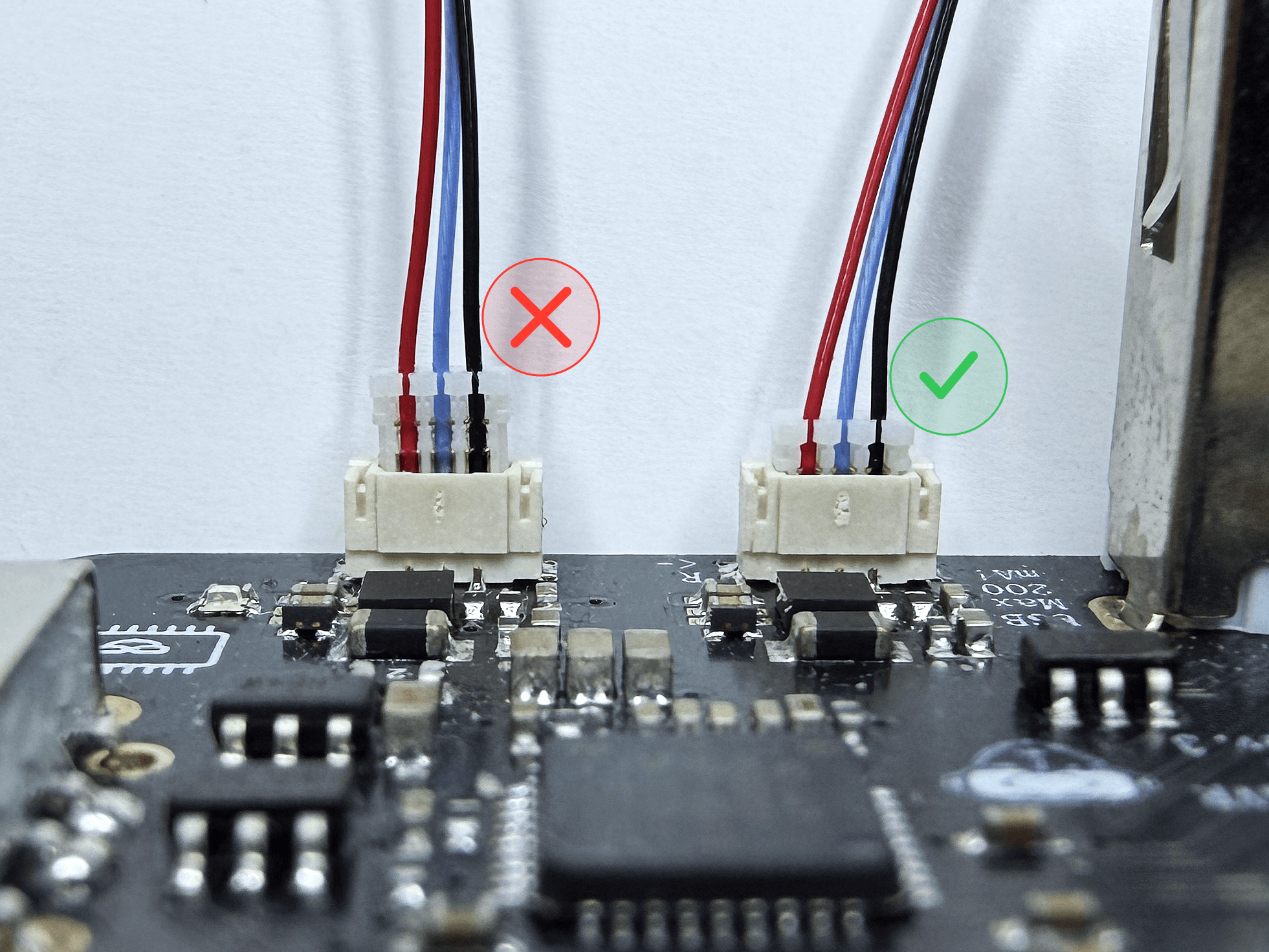 Comparison of an LED connector: fully seated and correctly oriented (correct) versus not fully inserted (wrong)