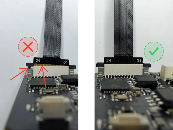 Comparison of a camera ribbon cable in its connector: not fully inserted with gold contacts still visible (wrong) versus pushed all the way in with the locking tabs fully closed (correct)