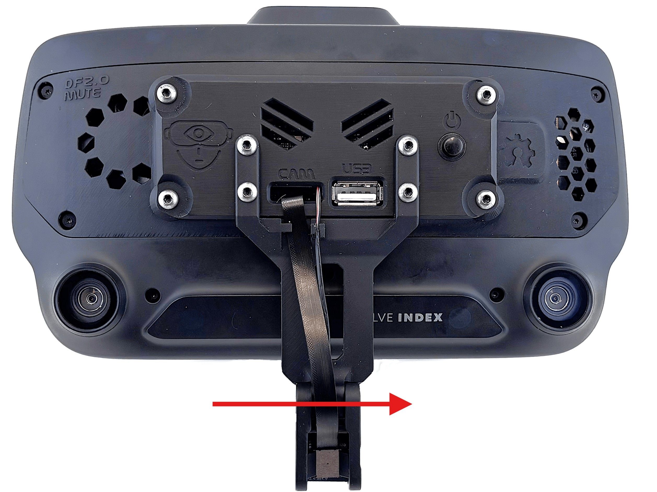 The Index seen from the front, with a red arrow showing the long screw being inserted from the left through the face tracking module and into the nut on the right