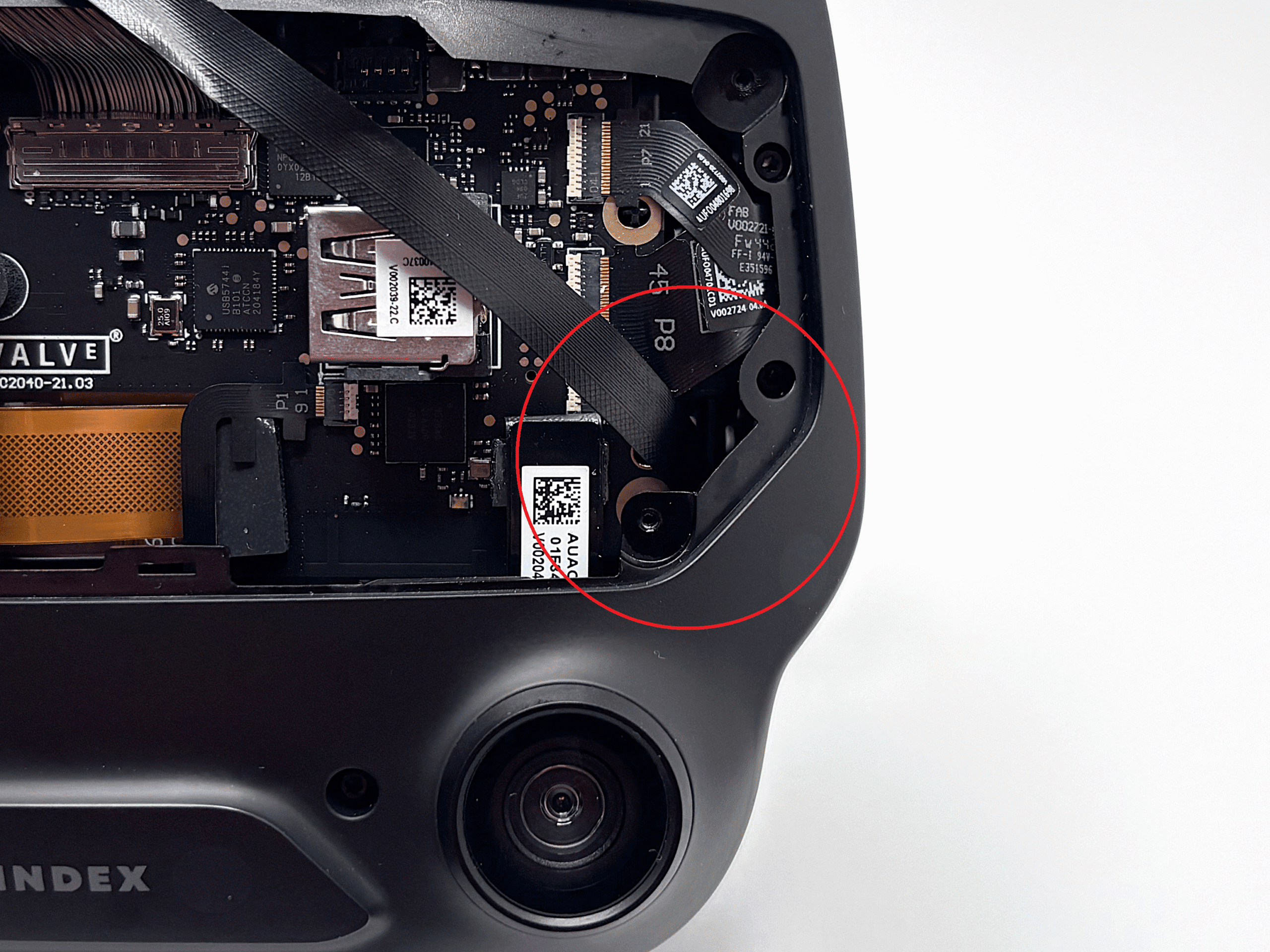 Front view with highlighted area where the cable exits