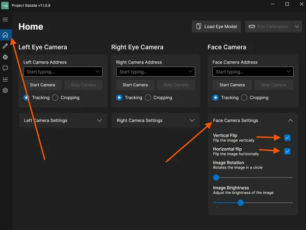 Face Camera Settings with flip options enabled