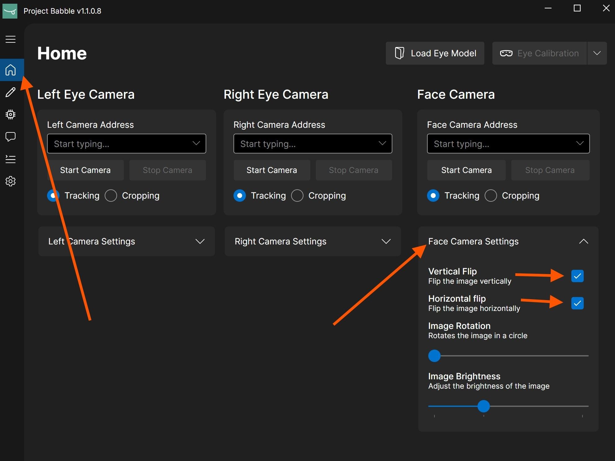 Face Camera Settings with flip options enabled
