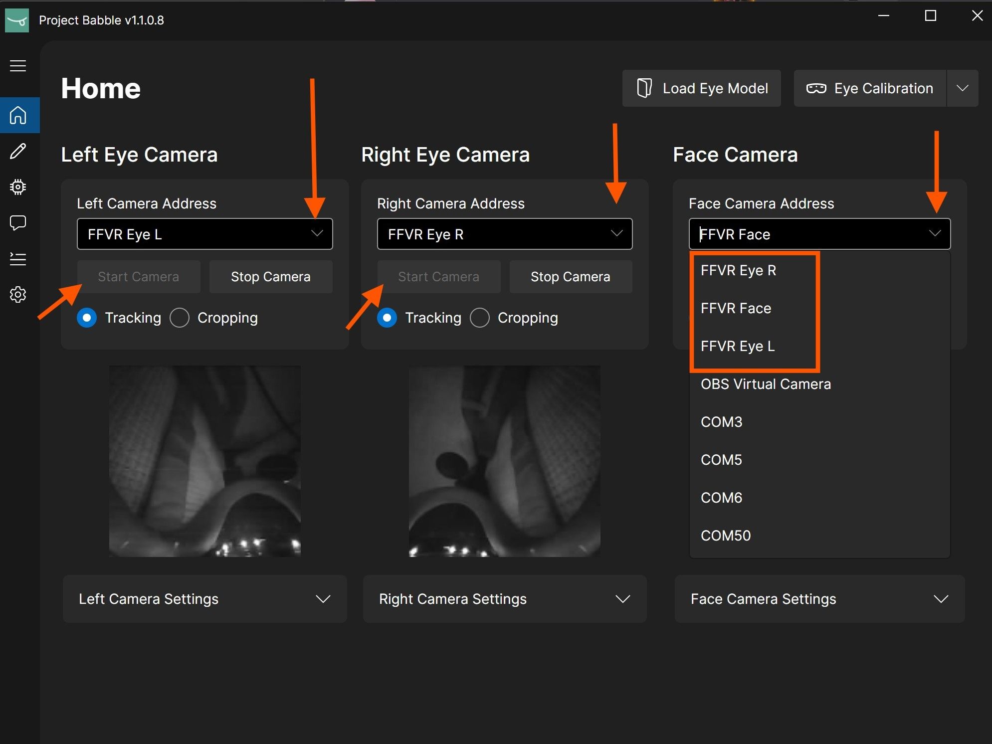 Camera selection dropdown menu
