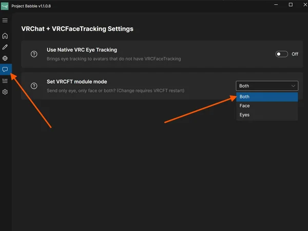 VRChat + VRCFaceTracking communication settings with VRCFT module mode set to Both
