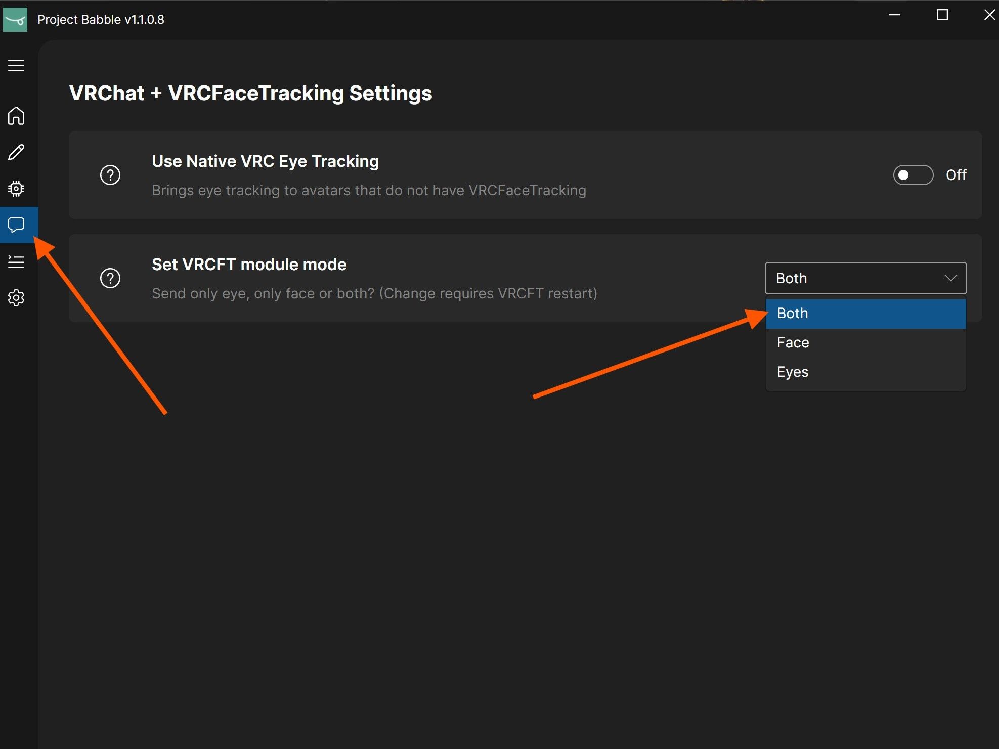 VRChat + VRCFaceTracking communication settings with VRCFT module mode set to Both