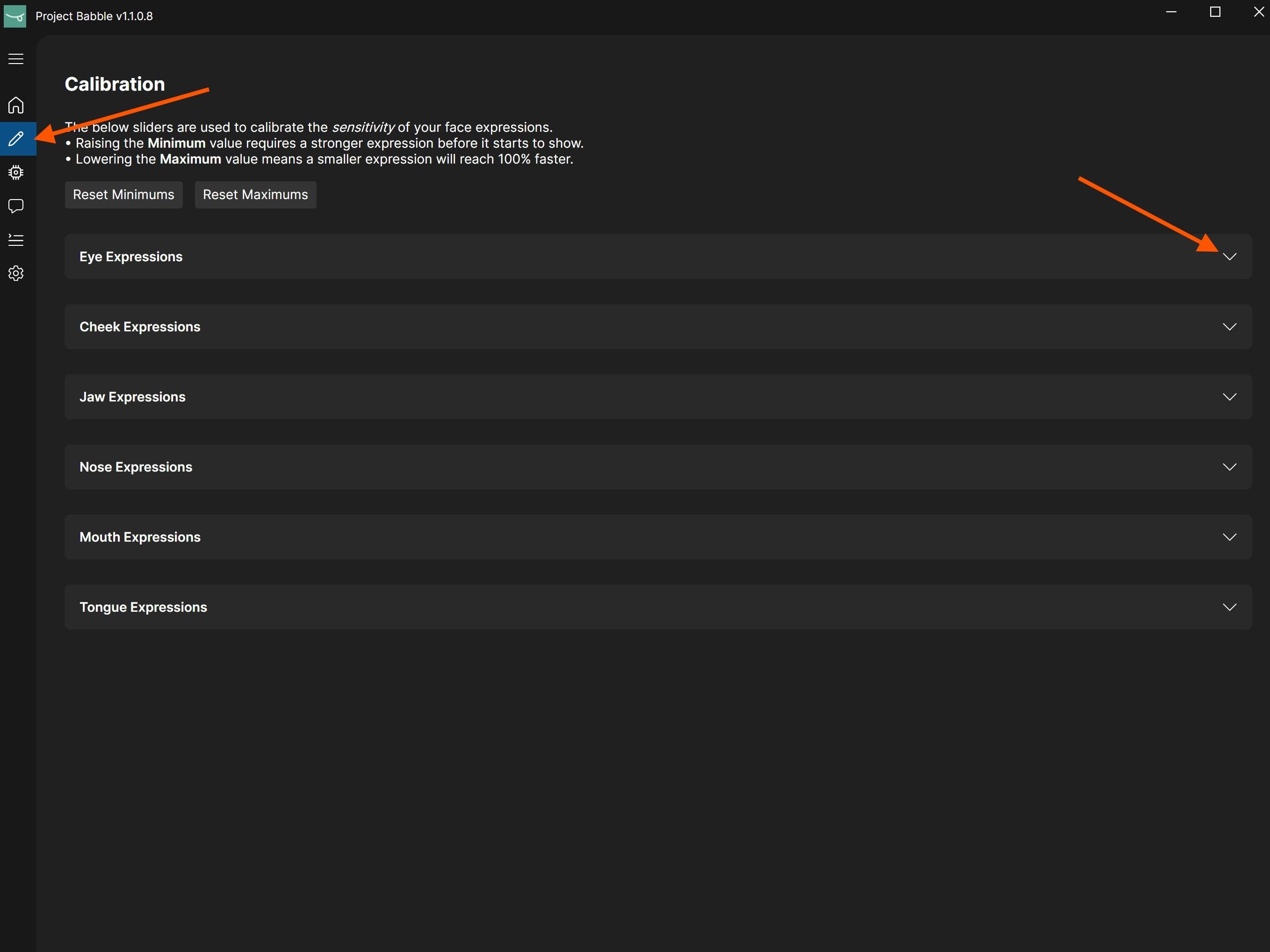Baballonia calibration window overview