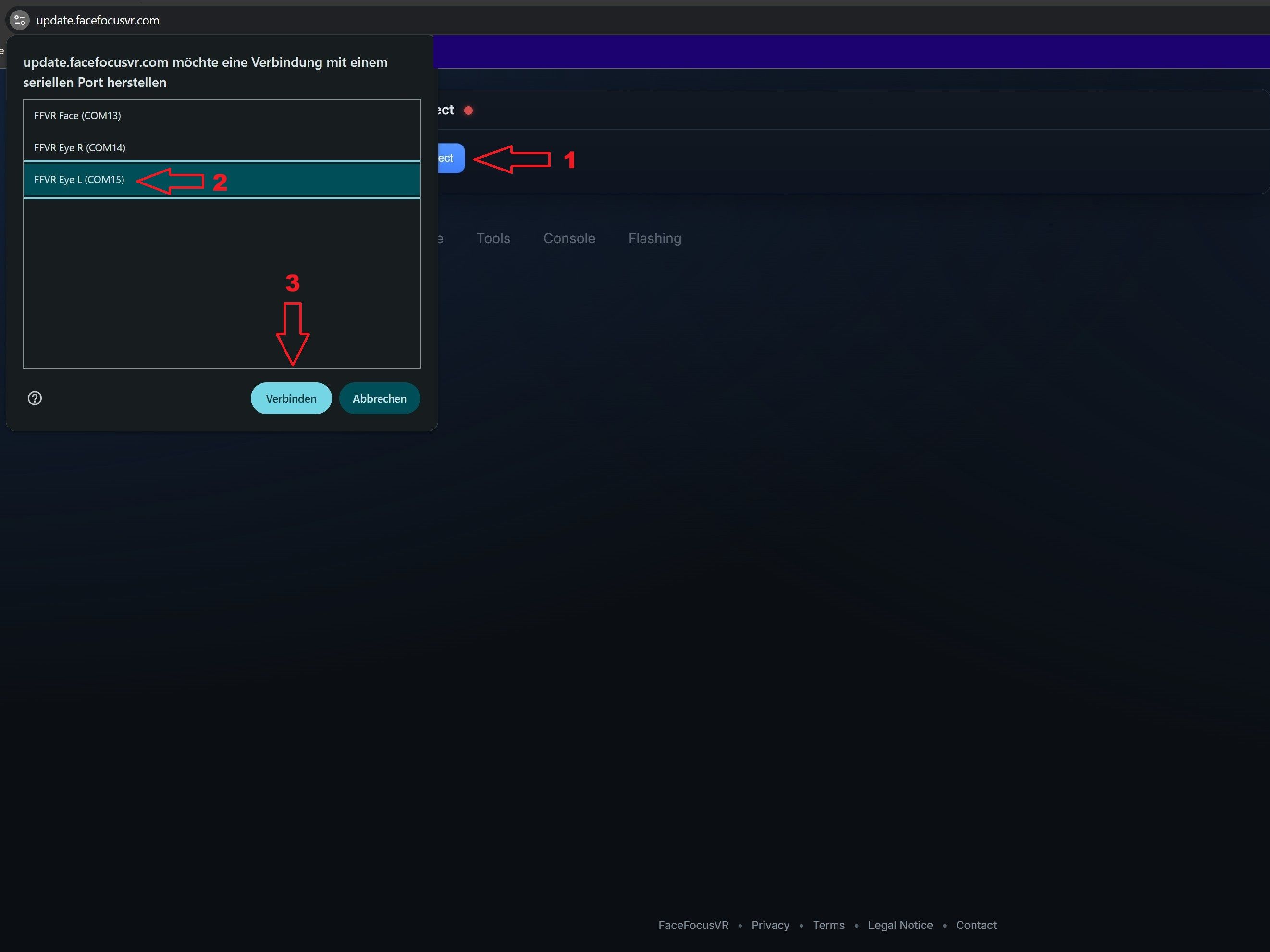 Update tool showing the SerialPort device selection dialog with available cameras listed