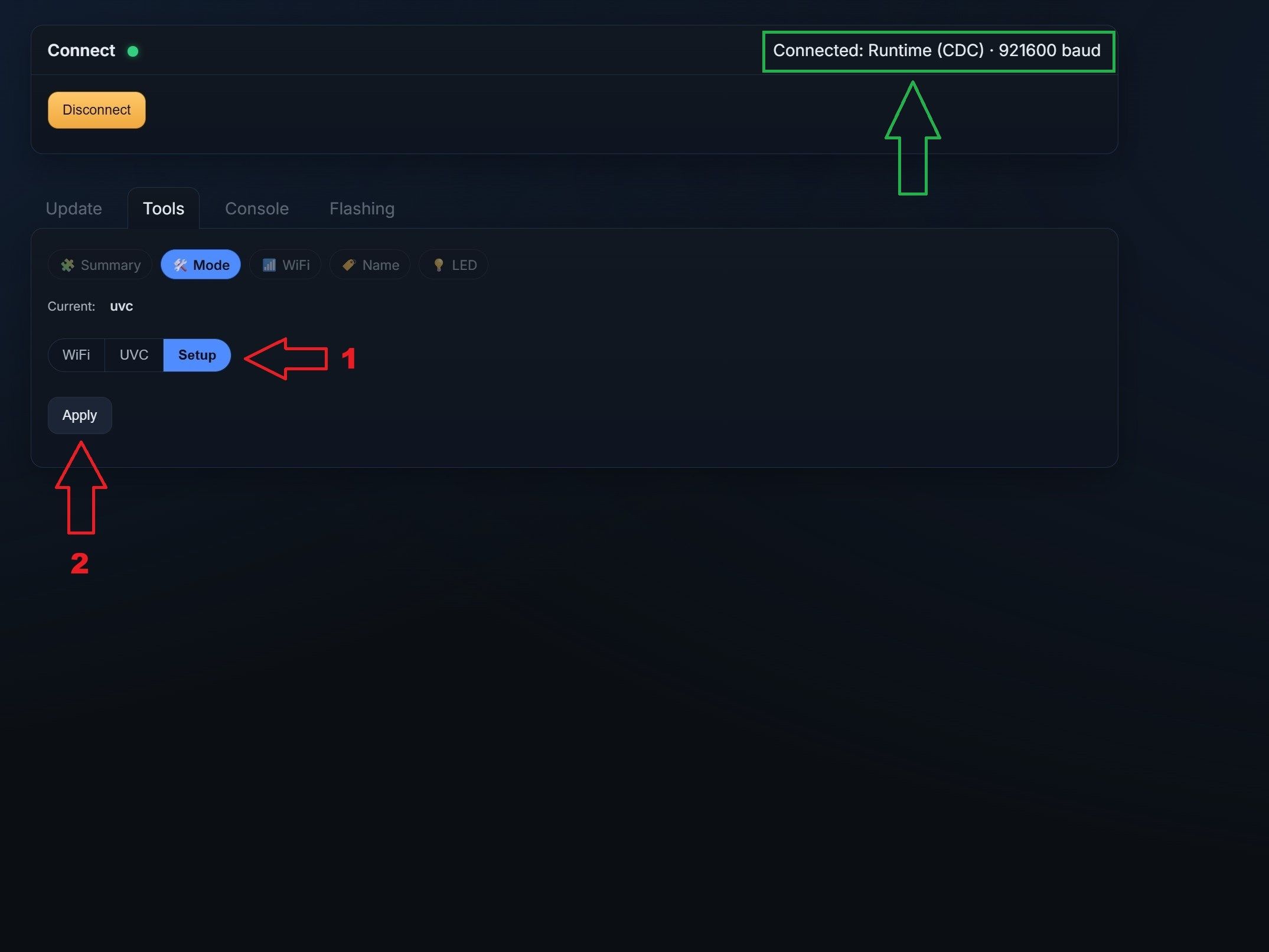 Update tool showing the Mode tab with Setup option selected and Apply button highlighted