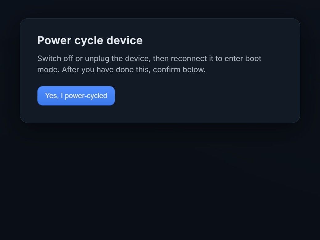 Power cycle dialog asking the user to restart the device and confirm