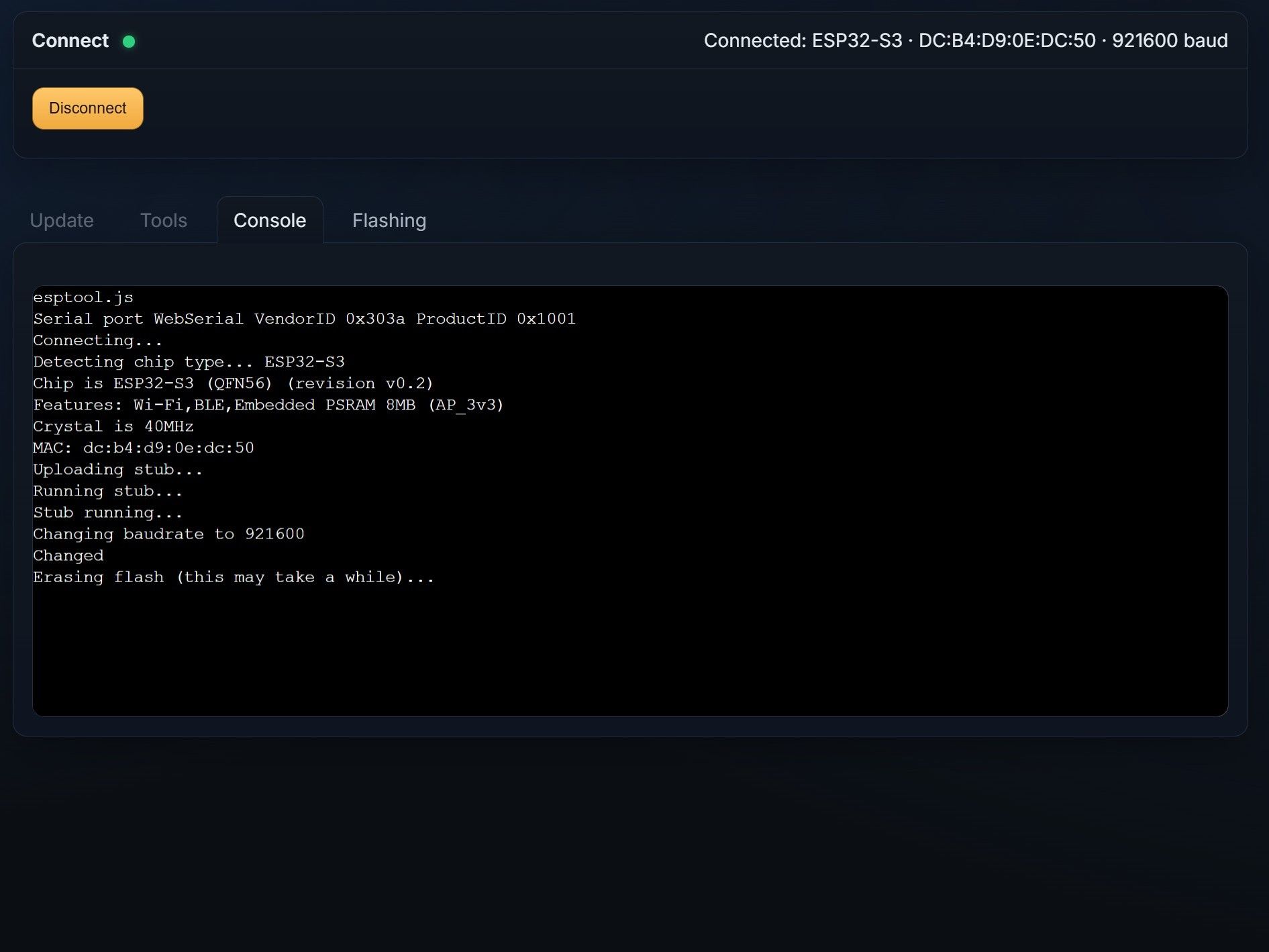 Console output showing the firmware flashing process in progress